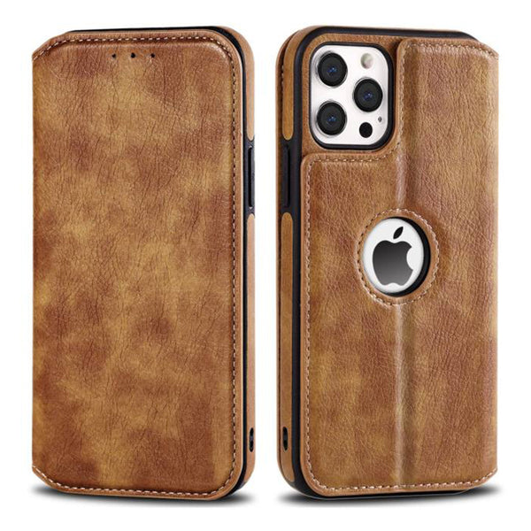 Leather Finish Logo Cut Wallet Flip iPhone 12 Pro Cover-fitoorz