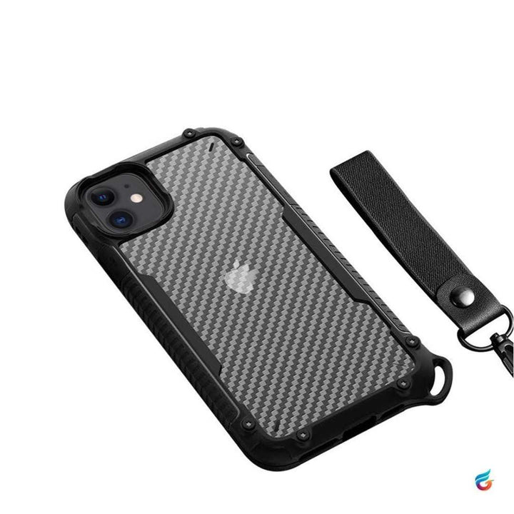 Carbon Fibre Fall Protection Transparent Case/Cover for iPhone with Wrist Strap - Fitoorz