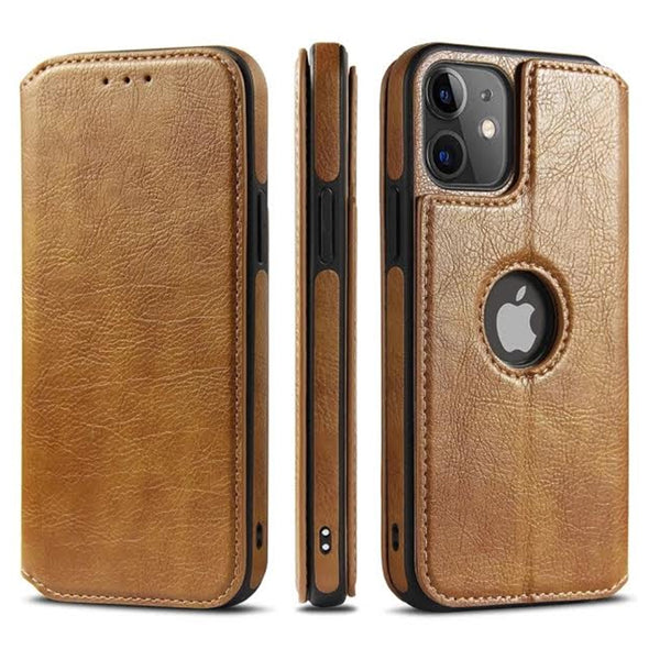 Leather Finish Logo Cut Wallet Flip iPhone 12 Cover-fitoorz