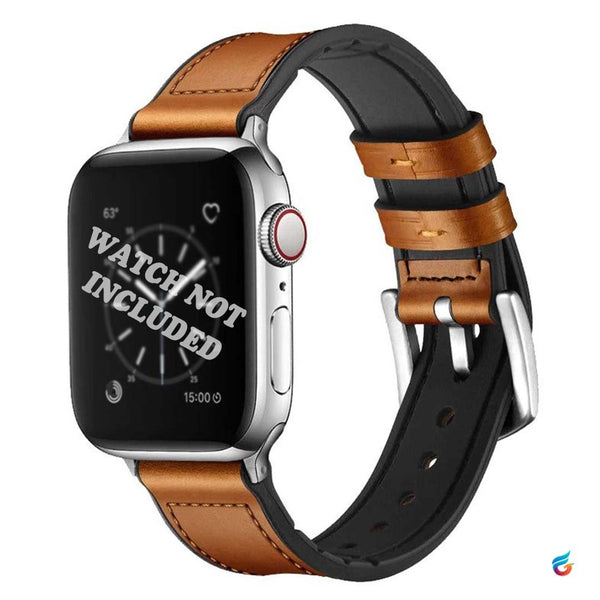 Tan Brown leather combine soft silicon and rubber watch band