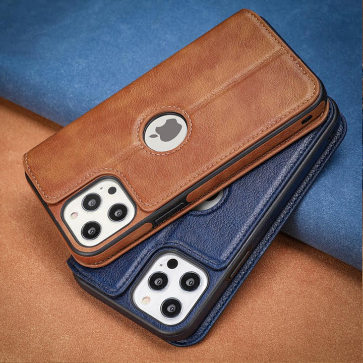 Leather Finish Logo Cut Wallet Flip iPhone 13 Cover-fitoorz