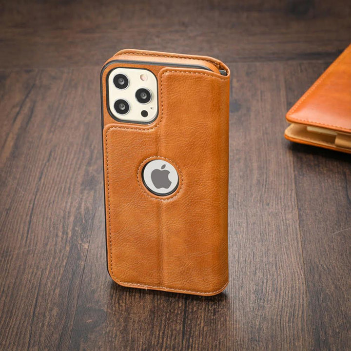 Leather Finish Logo Cut Wallet Flip iPhone 13 Cover-fitoorz