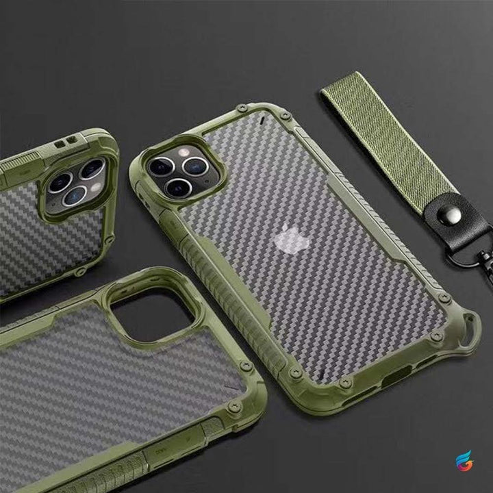 Carbon Fibre Fall Protection Transparent Case/Cover for iPhone with Wrist Strap - Fitoorz