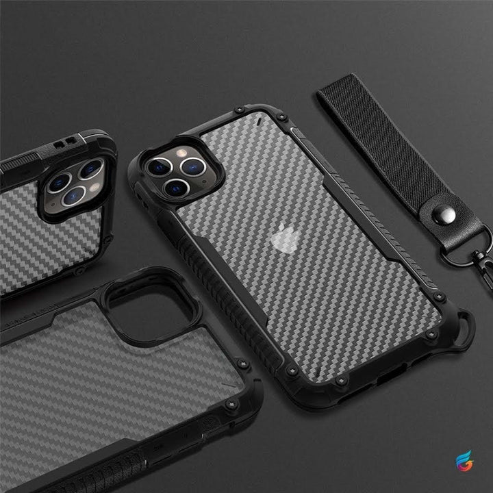 Carbon Fibre Fall Protection Transparent Case/Cover for iPhone with Wrist Strap - Fitoorz